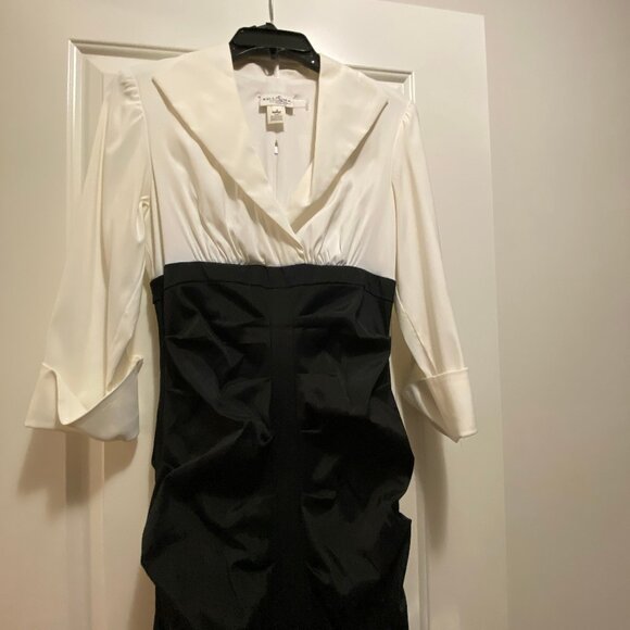 Belissima Formal Wide Lapel 3/4 sleeve Mermaid Gown Ivory & Black Ruched Size 8 - Picture 5 of 11